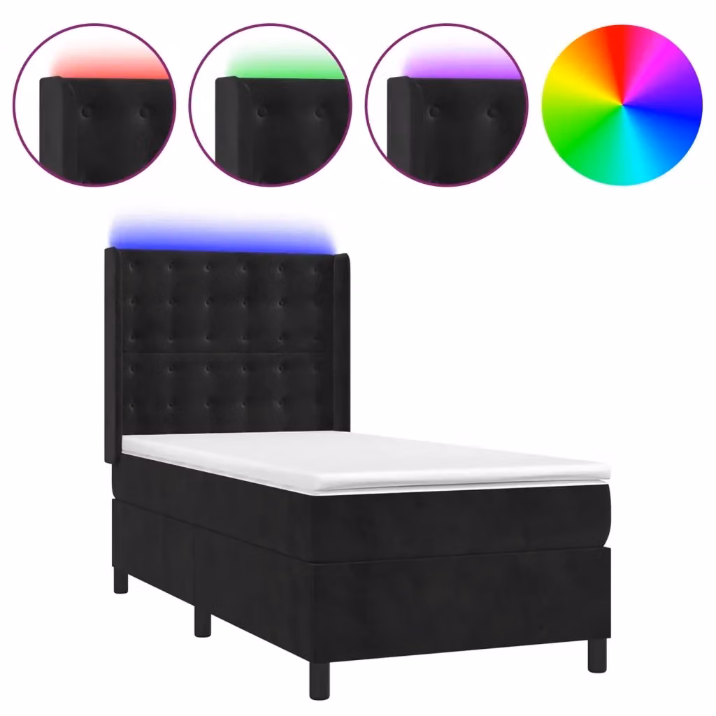 vidaXL Letto Ibrido con Materasso e Illuminazione LED in Velluto Nero L/P/H: 100 x 200 x 103 cm – 2