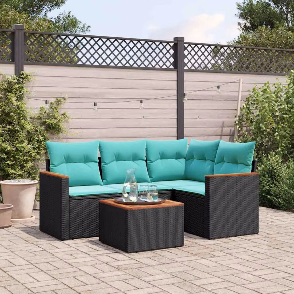 Set Divano da Giardino a L vidaXL in Polyrattan Nero con Cuscini Blu e Tavolino da Esterno