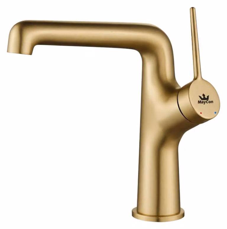 Miscelatore per lavabo, finitura oro spazzolato, monoblocco, in ottone, design moderno