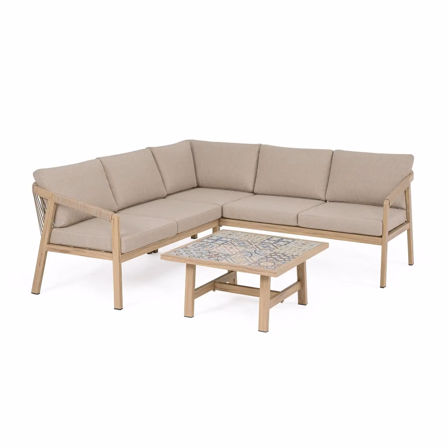 Set salotto angolare da giardino ALVOR con cuscini, intreccio in corda e struttura in alluminio effetto legno