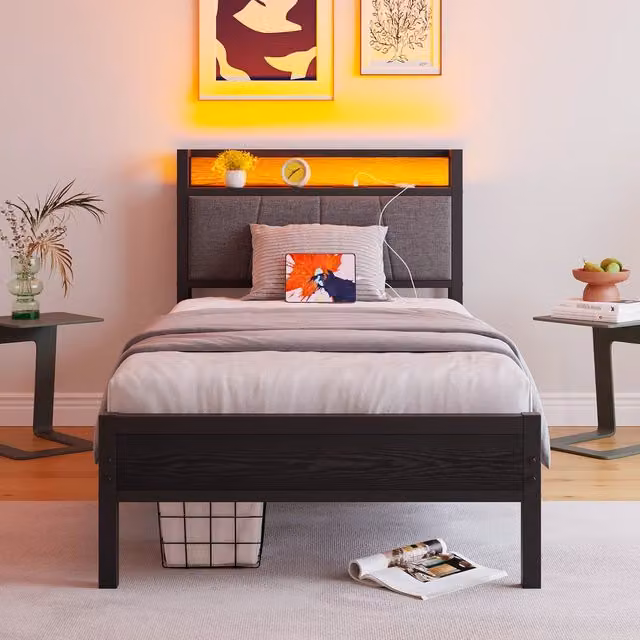 Letto Singolo con LED e USB ¨C MINIMAL ¨C Struttura Metallo, Rete a Doghe, 90x200
