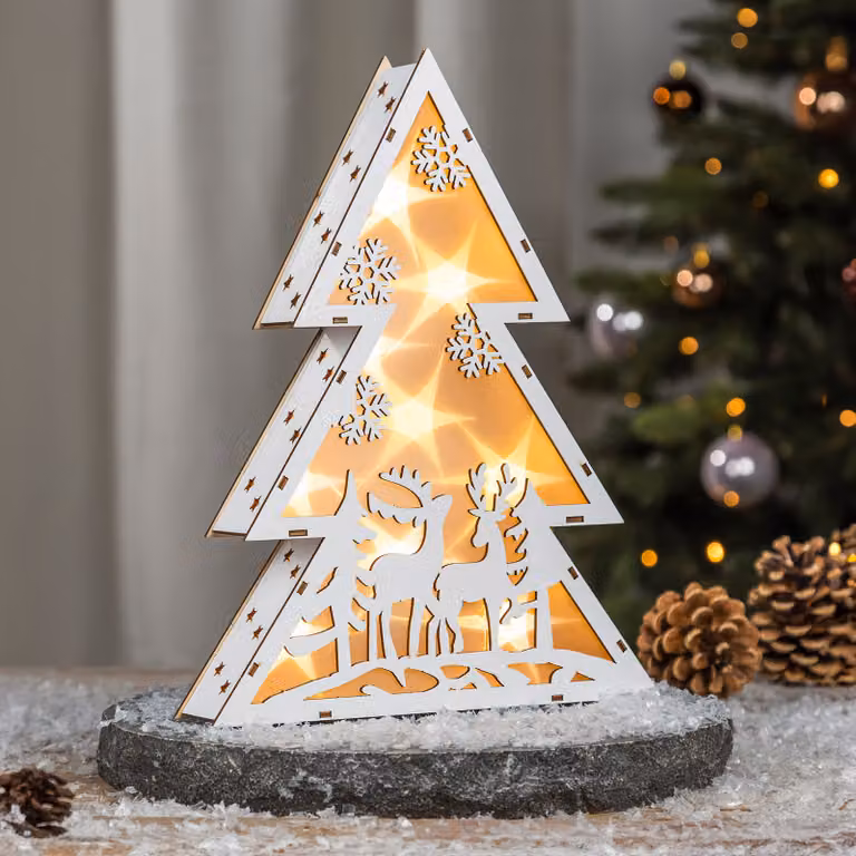 Abete di legno a LED con renna nella foresta - 10 LED / 30 cm
