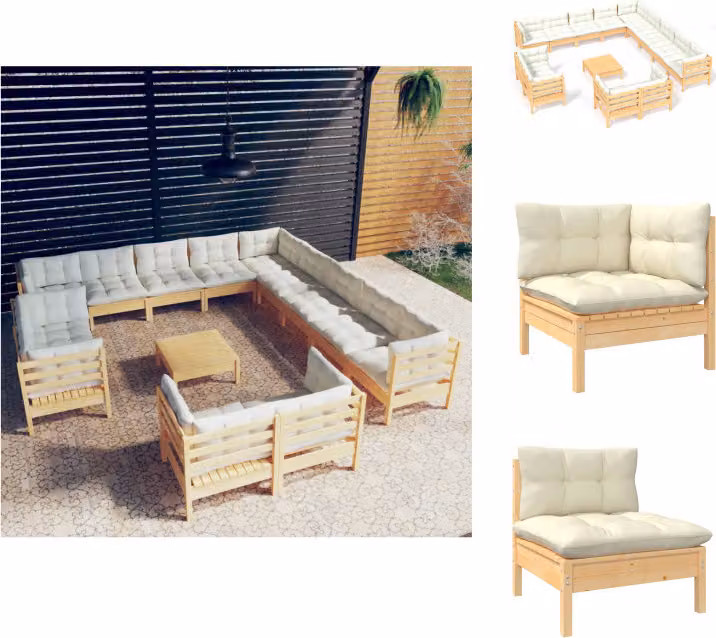 vidaXL set da salotto da giardino 14 pezzi con cuscini crema in legno di pino massiccio - Set di mobili da giardino