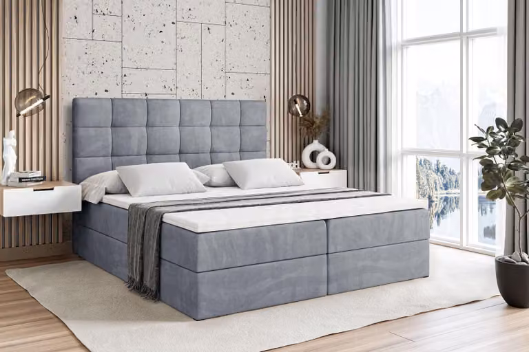 Letto boxspring ALTDECOR con materasso e rete a doghe - BRUGO - 140x200 cm - Grigio velluto - Letto boxspring, topper, letto imbottito con contenitore, letto con contenitore H4 - Materasso, letto matrimoniale, letto boxspring