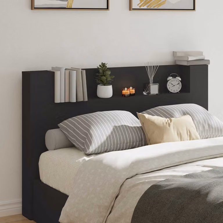 Testiera con stoccaggio vidaXL in legno ingegnerizzato nero con illuminazione LED e porta USB L: 160 cm, H: 103,5 cm, P: 23,3 cm