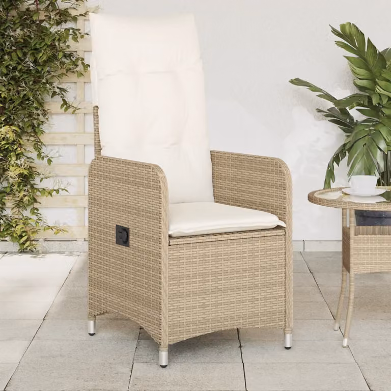 Sedia reclinabile da giardino vidaXL con cuscini in polyrattan e braccioli, colore beige e bianco