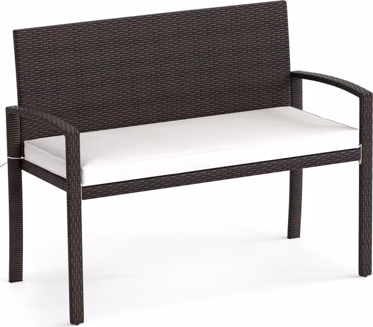 Panca in rattan per esterni, divano da patio per 2 persone con cuscino di seduta rimovibile, struttura in metallo, schienale e braccioli, mobili da salotto, bianco