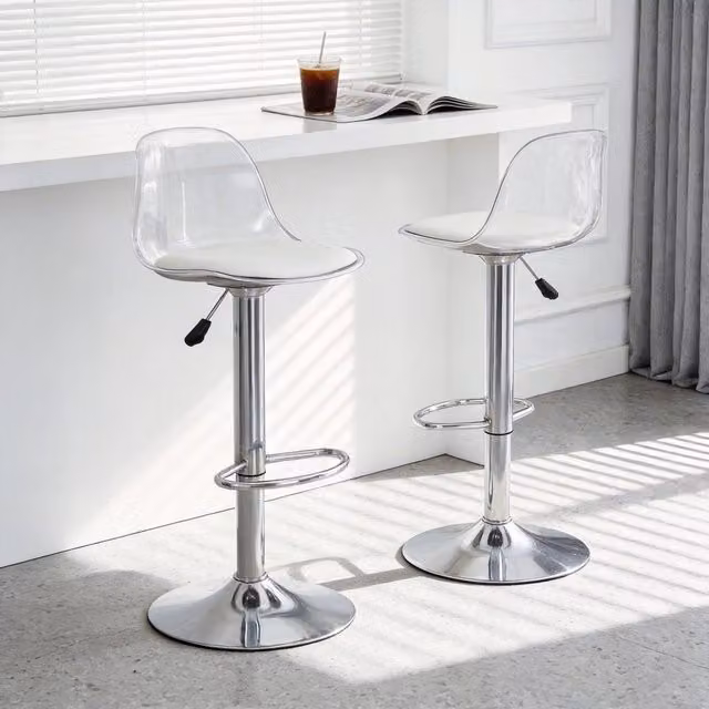 Set di 2 Sgabelli da Bar Regolabili in Altezza con Schienale Trasparente e Gambe in Metallo Argento, 82-104 cm, 360 gradi