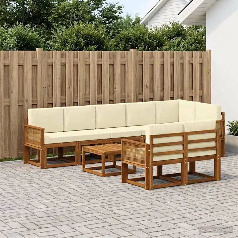 vidaXL Set di divani da esterno a L con tavolino da caffè 9 pz in legno di acacia, beige e bianco