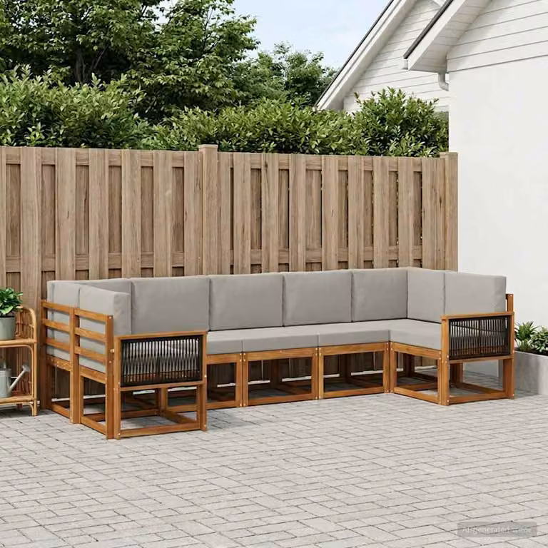 Set di divani da esterno vidaXL a forma di L composto da 7 pezzi in legno di acacia con cuscini in tessuto marrone e grigio