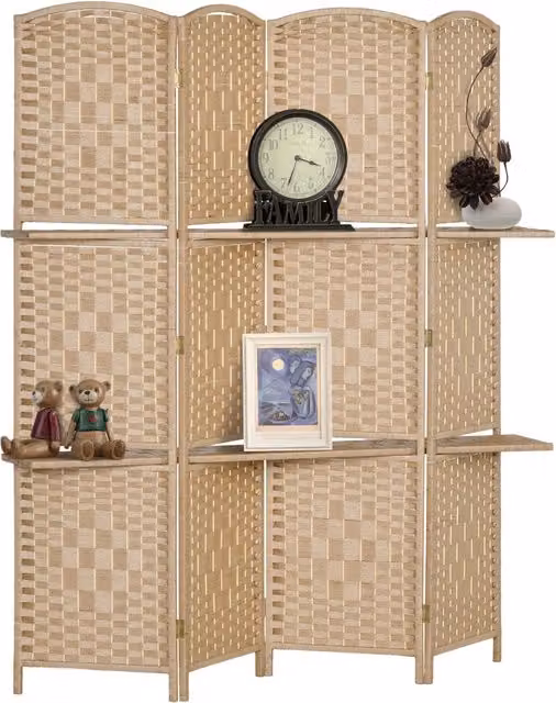 Paravento Separatore Xylo in Legno di Pino con 4 Pannelli e 2 Ripiani, Colore Marrone e Beige, H 170 cm x L 160 cm