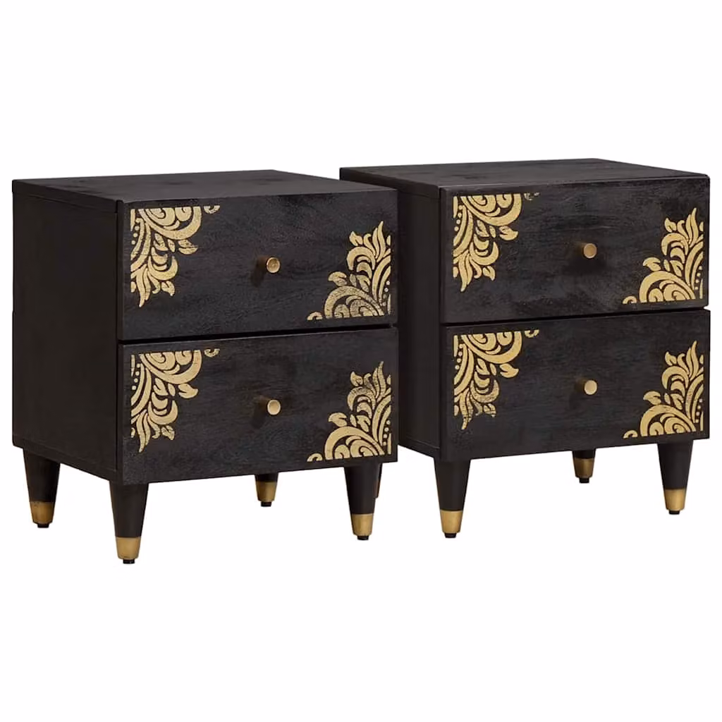 Set di 2 Armadi da Notte vidaXL in Legno di Mango e Metallo, Design Moderno, Colore Nero e Oro, L/P/H: 40 x 33 x 46 cm