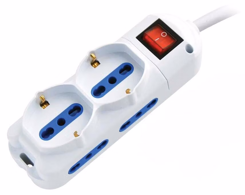 Alcapower Multipresa Elettrica 6 Posti, 4 Prese Bipasso 10/16A e 2 Prese Schuko, Cavo 1.5m, Spina 90 Gradi, Interruttore Luminoso, Colore Bianco