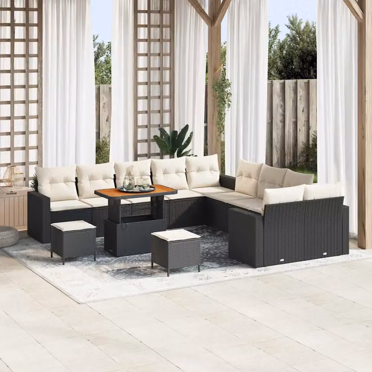 Set Divano da Giardino vidaXL 17 Pezzi a Forma di L con Cuscini Nero e Beige