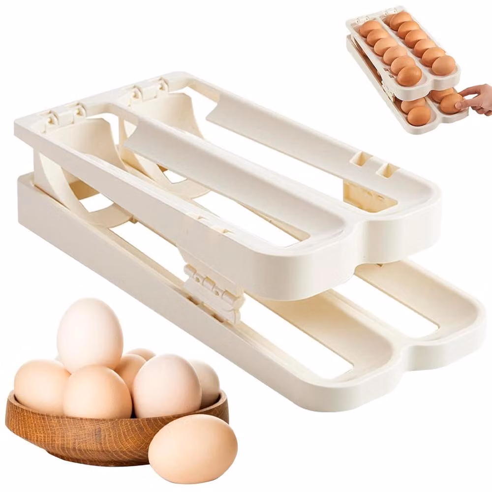 Portauova per frigorifero – Organizzatore per uova a 2 ripiani – Contenitore per uova con funzione antiribaltamento – Contenitore per uova in plastica – Soluzione salvaspazio per la conservazione delle uova