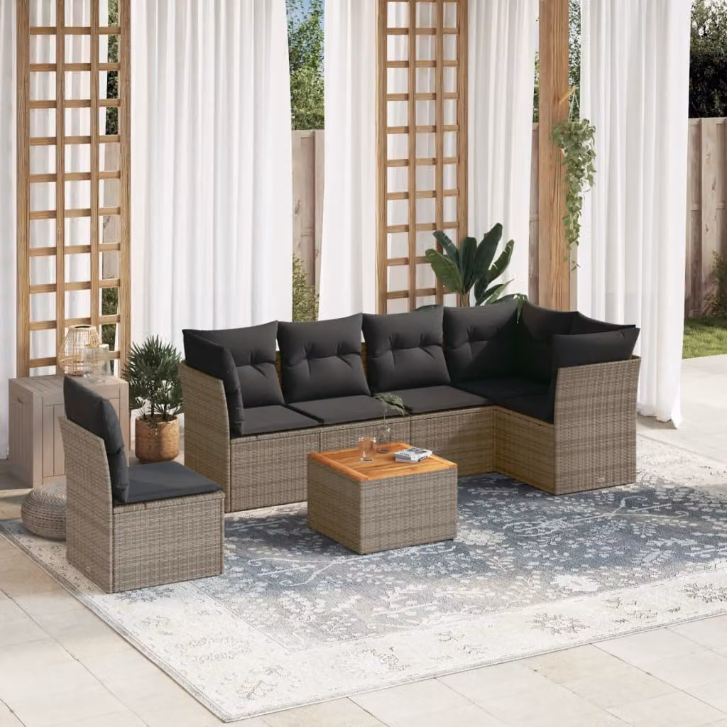 vidaXL Set Divani da Giardino 7 pz a Forma a L con Tavolino, Polyrattan e Cuscini, Grigio e Marrone – 1