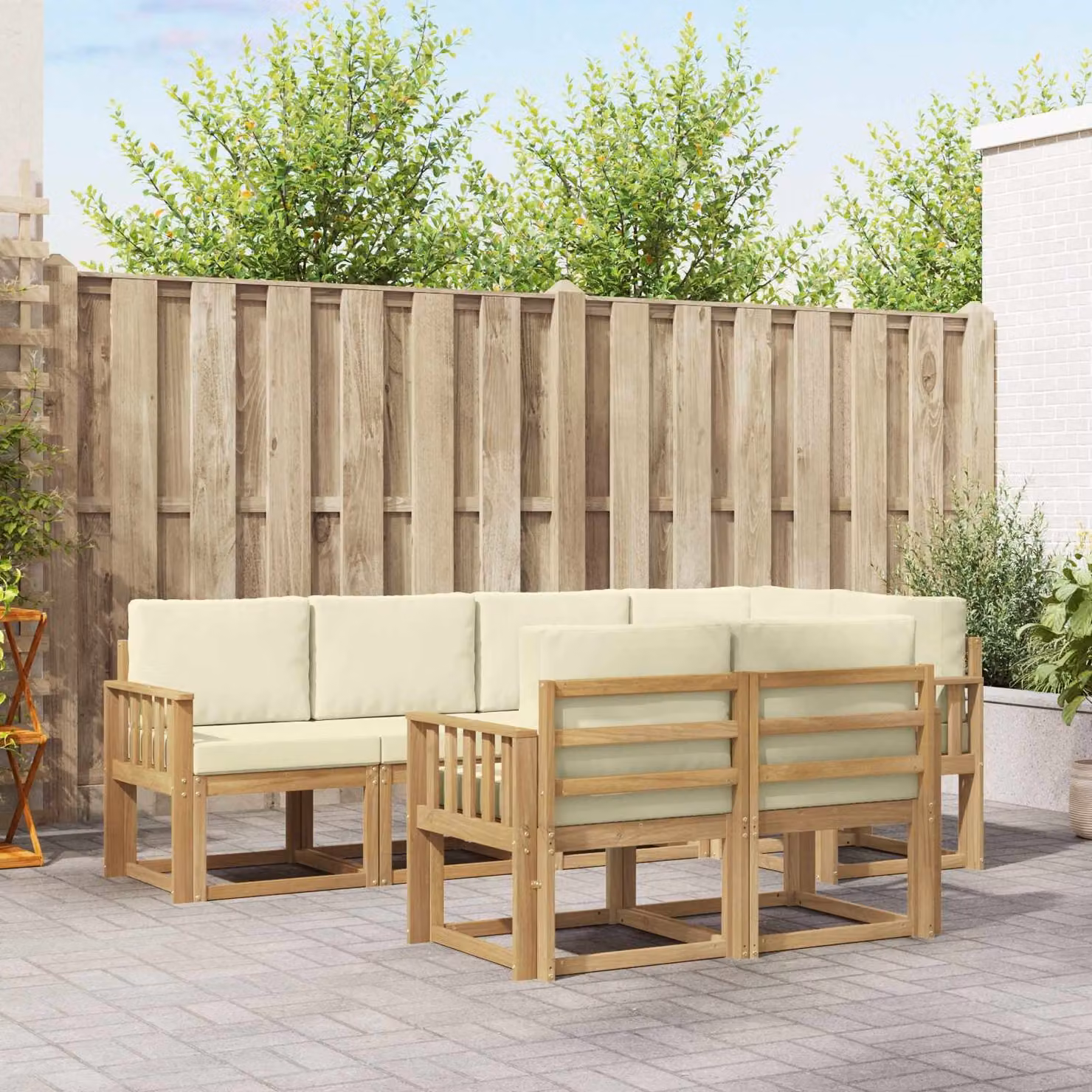 vidaXL Set di divani da esterno a L in legno di acacia con cuscini, Bianco, Beige e Marrone