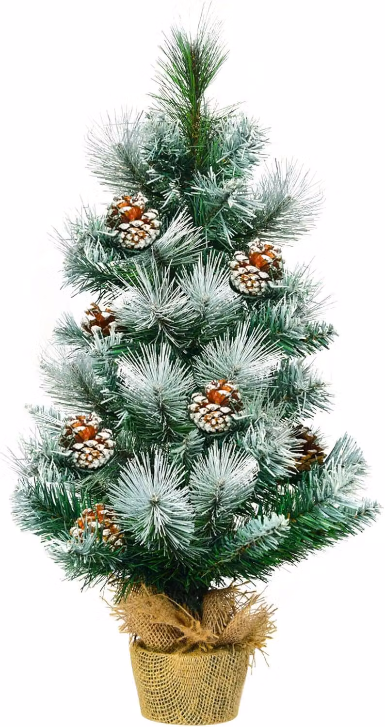 KOMFOTTEU Albero di Natale artificiale da 60 cm, mini, da tavolo con neve e pigne, piccolo abete innevato da tavolo, decorazione natalizia verde