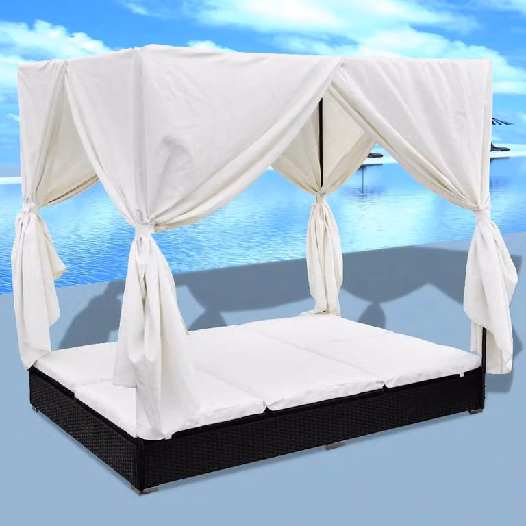 vidaXL Lettino Prendisole in Polyrattan Nero con Tenda e Poggiatesta Regolabile