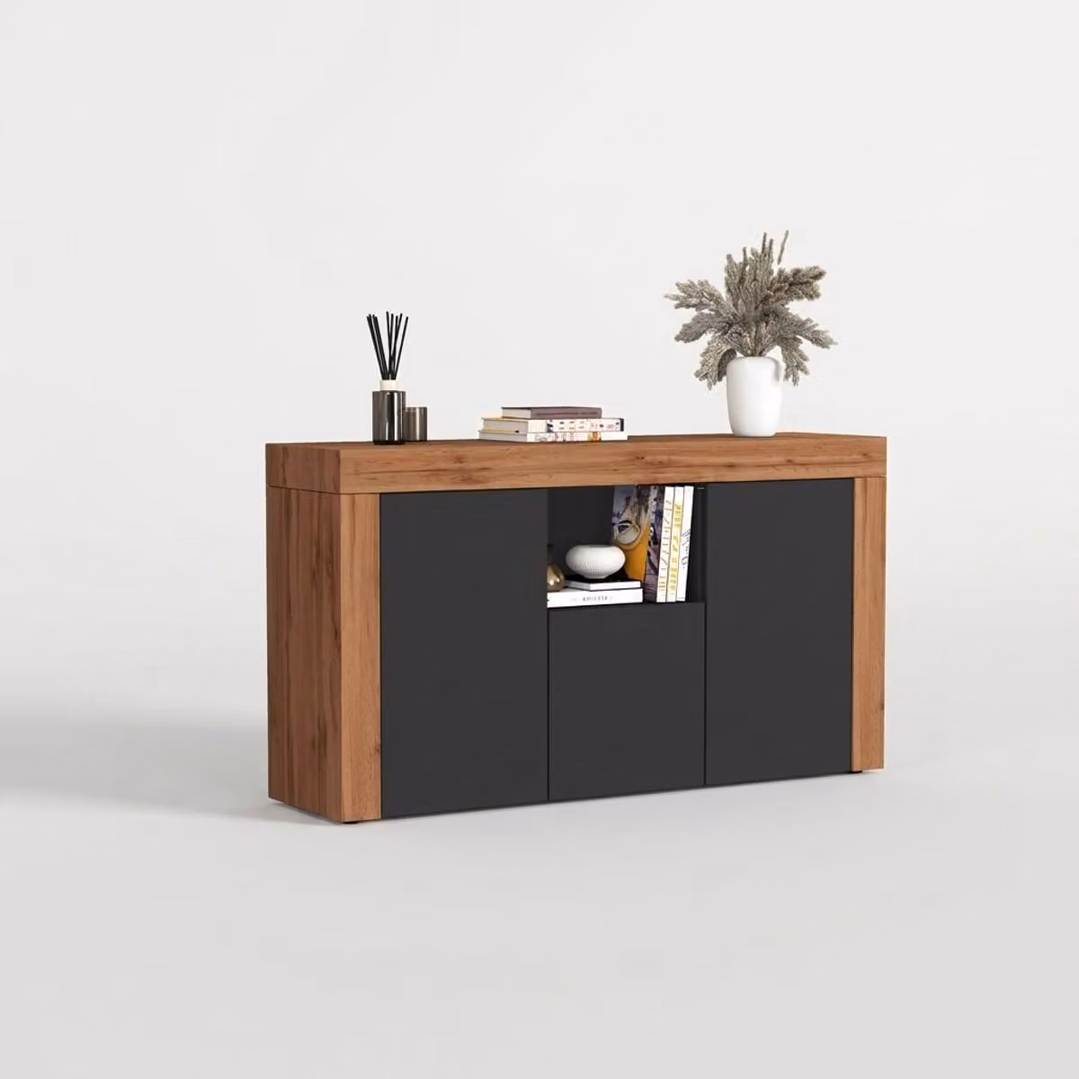 Mobile contenitore moderno con 4 ante e vani a giorno, modello Torven, colore antracite