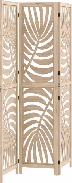 Paravento da interno HOMCOM a 3 pannelli pieghevole in legno con design a foglie, L 120 cm x H 170 cm, Colore Legno/Beige/Marrone