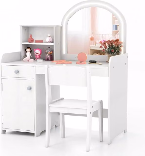 Toeletta Trucco 2 in 1 per Bambina COSTWAY in Legno Bianco con Luci LED, Mensole e Cassetto, L: 80 cm, P: 40 cm, H: 94 cm – 1