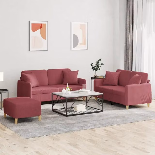 Set di Divani 3 pz con Cuscini Rosso Vino in Tessuto 3202116