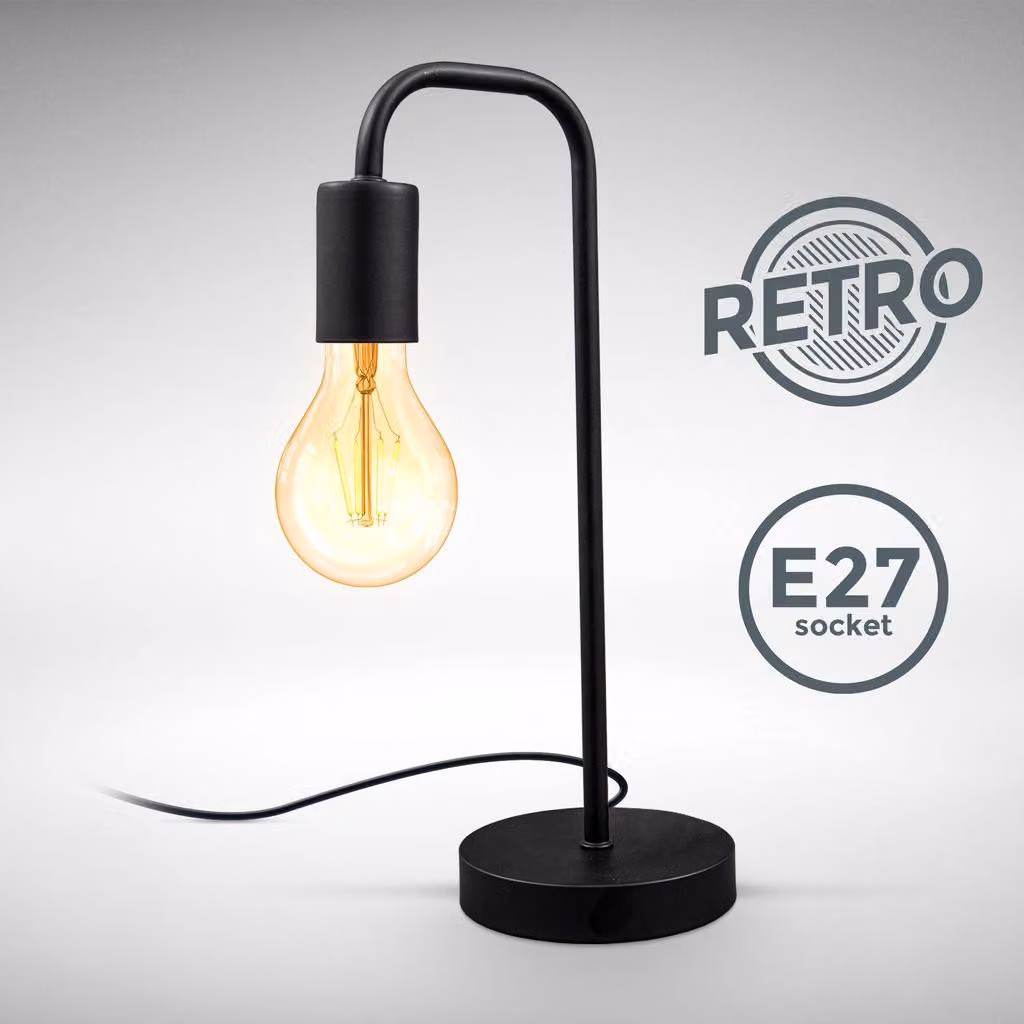 B.K.Licht, Lampada da tavolo retrò, attacco per lampadina E27 non inclusa, interruttore sul cavo, abat-jour da comodino in metallo nero opaco, lampada da lettura vintage industriale