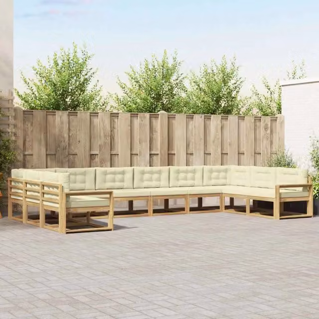 Set di divani da esterno a forma di U vidaXL in legno di acacia con cuscini Bianco e Beige – 1