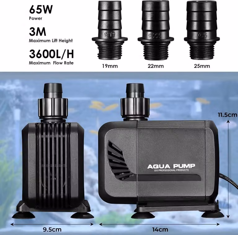 Pompa per acqua - Pompa sommergibile per fontane - 65W, 3600 l/h - Portata regolabile - Molto silenziosa - Altezza di sollevamento: 2,8–3 m - 3 ugelli per acquario e stagno