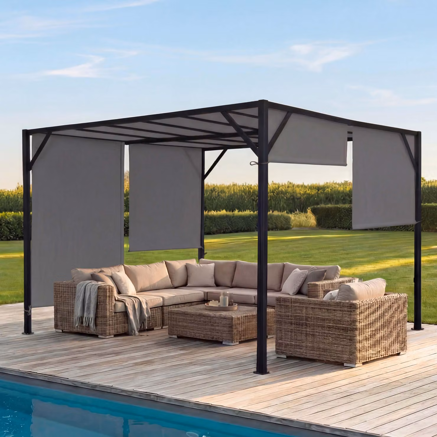 Pergola Baia, copertura per patio a padiglione da giardino, robusta struttura in acciaio da 6 cm + tetto scorrevole grigio ~ 4x4m