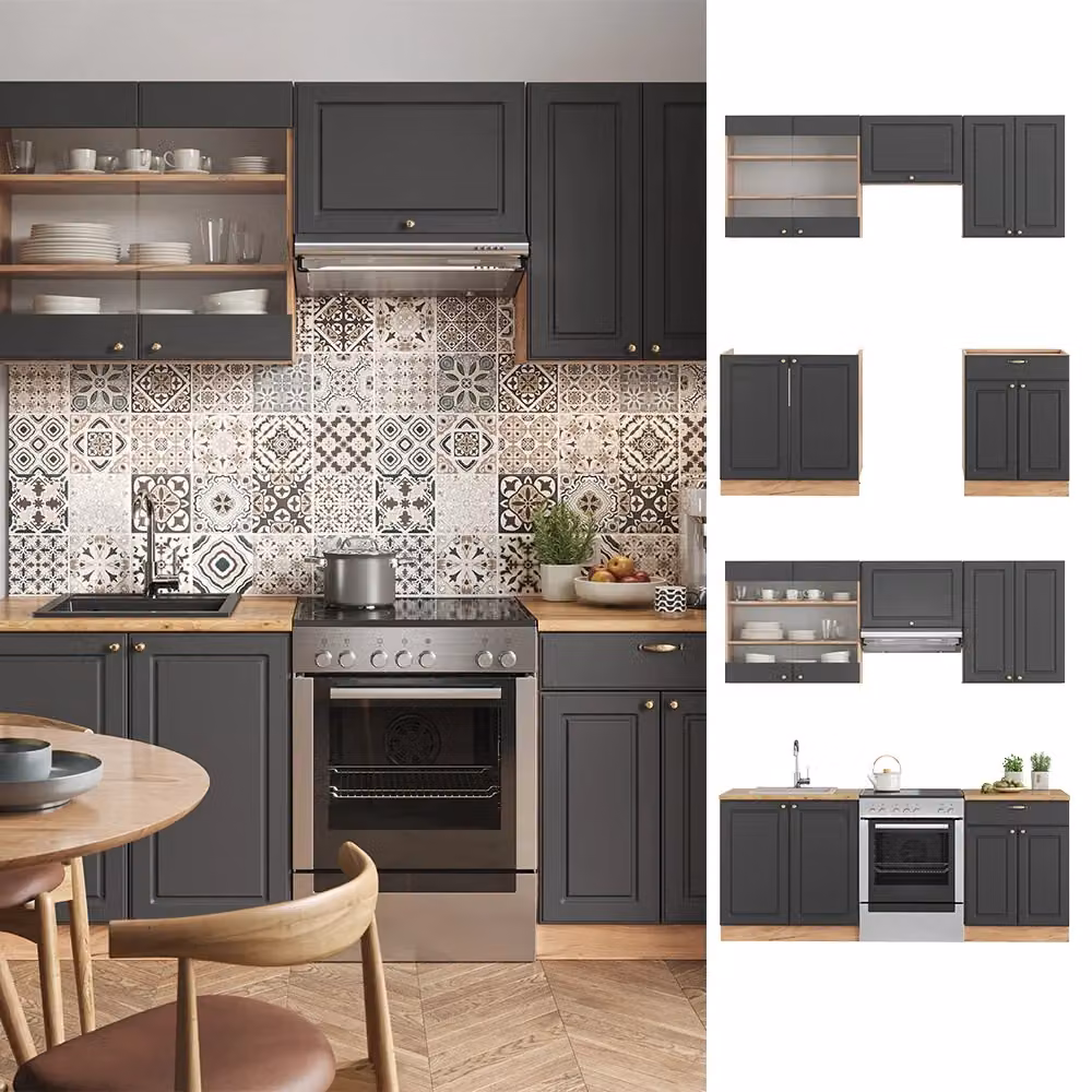 Cucina componibile Fame-Line Vicco in stile rustico, colore Antracite e Rovere dorato, L: 200 cm, P: 60 cm, H: 81,6 cm – 2