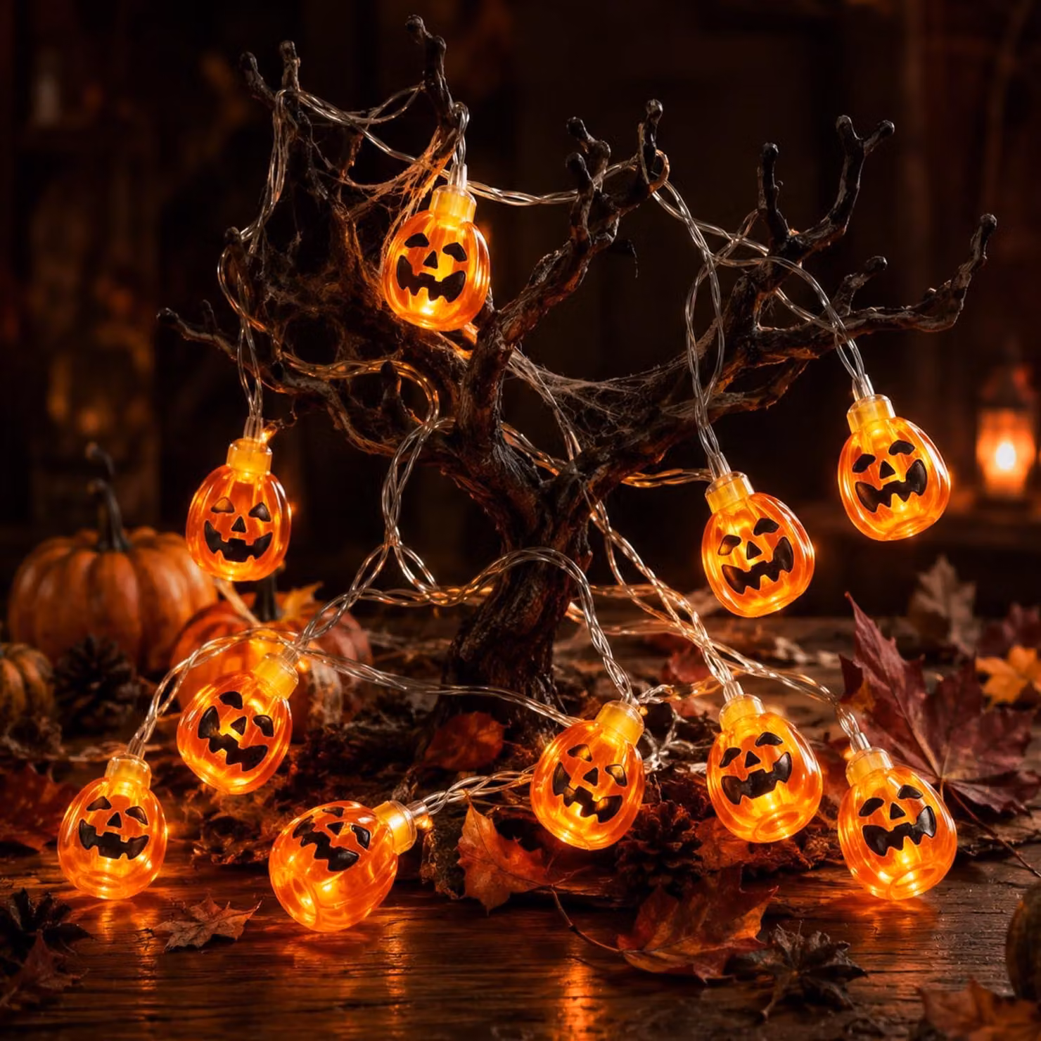 Catena luminosa a tema Halloween, 2 metri, 10 LED, con motivi di zucca, fantasma e strega