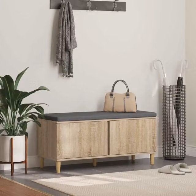 Panca da ingresso con cuscino vidaXL in rovere e tessuto grigio, L: 110 cm, P: 38 cm, H: 46 cm