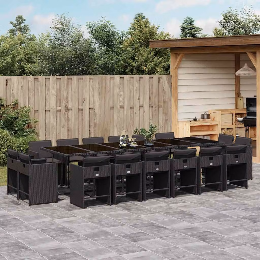 vidaXL Set da Pranzo da Giardino 17 pz in Polyrattan Nero con Cuscini e Tavolo in Vetro – 1