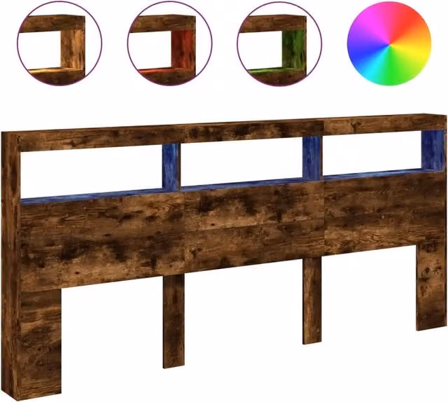 Testiera con contenitore e illuminazione LED in Rovere Fumo, L 220 x P 17 x H 102 cm – 1