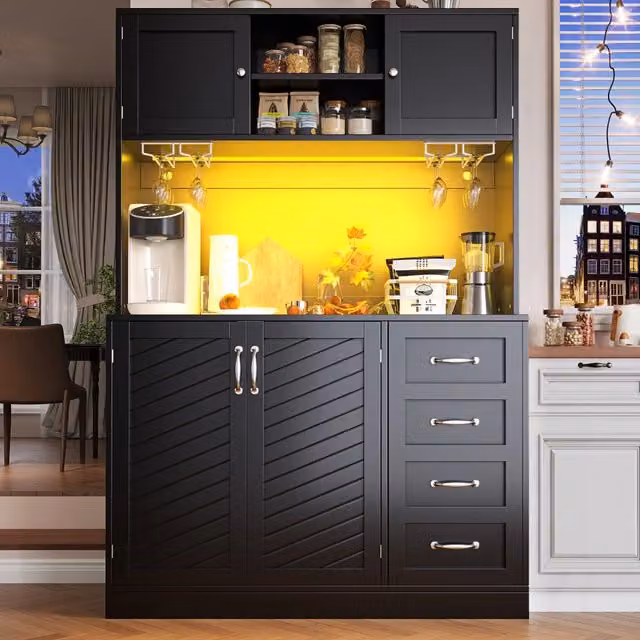 Credenza LED con 4 ante, cassetti e portabicchieri per sala da pranzo, in MDF, nero, 120 × 40 × 188 cm