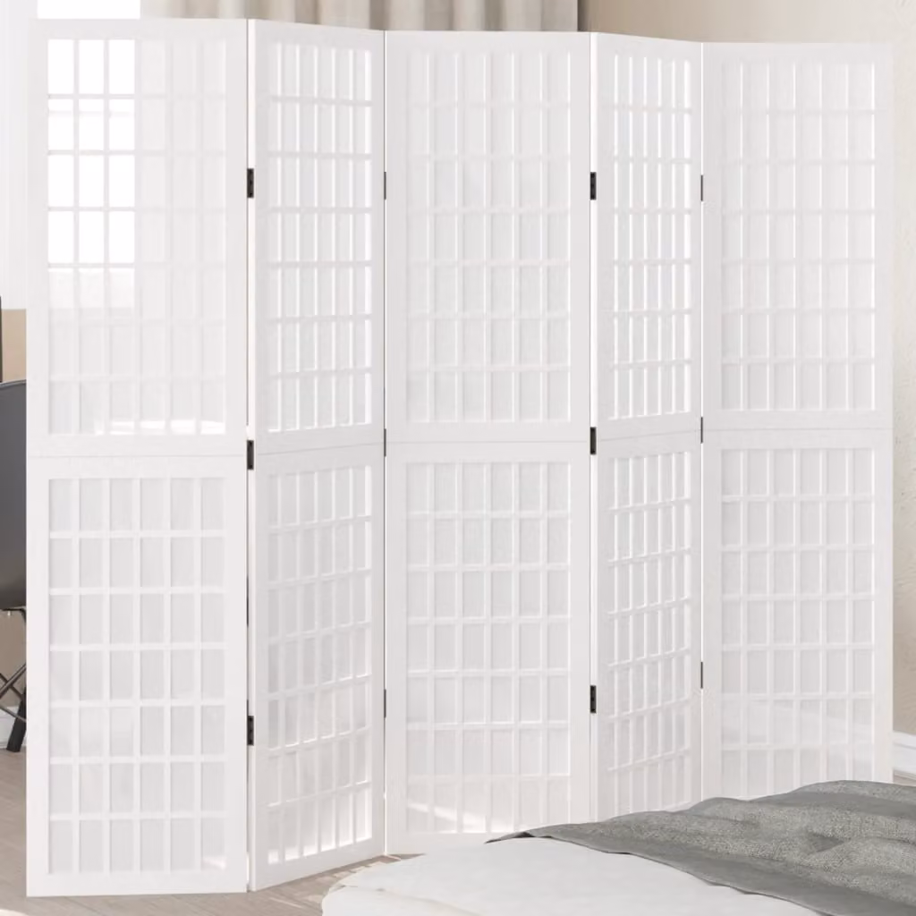 Divisorio Ambienti vidaXL a 5 Pannelli in Legno di Paulownia Bianco Opaco H: 175 cm, L: 160 cm