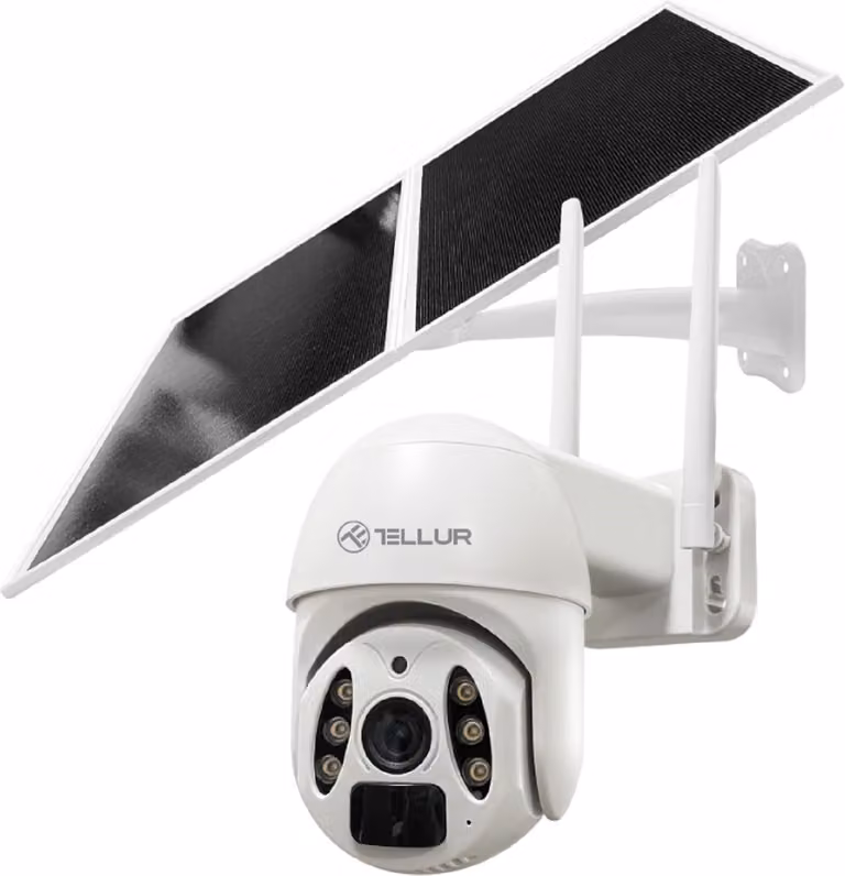 Telecamera solare Tellur Smart WiFi, P&T, 3 MP, 2K UltraHD, PIR, pannello solare da 20 W, bianco