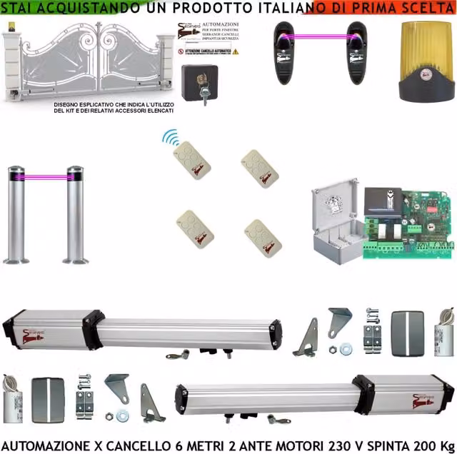 Cancello Elettrico 6 Metri 2 Ante da 3 MT Kit Motori Elettromeccanici 230 V Sblocco Corsa 500 mm Spinta 2 Q.tali Staffe 4 Radiocomandi 2 Coppie Fotocellule 2 Pali Selettore 2 Ck Faro Cartello Monitore
