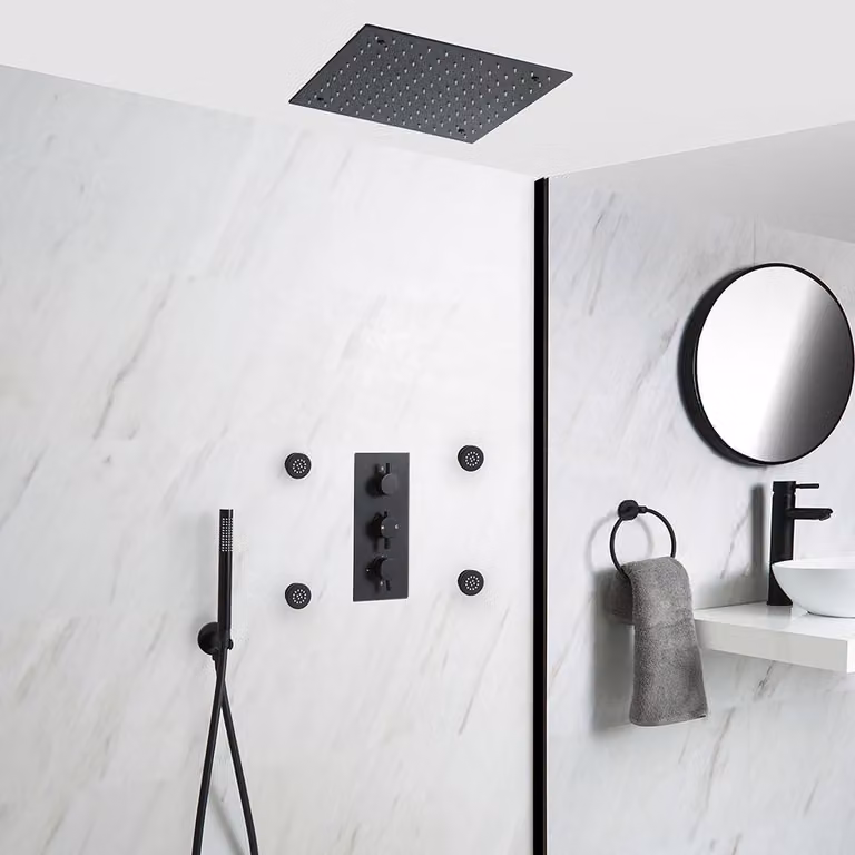 Sistema Doccia Termostatico Nero con Soffione Quadrato Incassato da 400mm, Idrogetti e Doccetta (3 Vie) - Nox