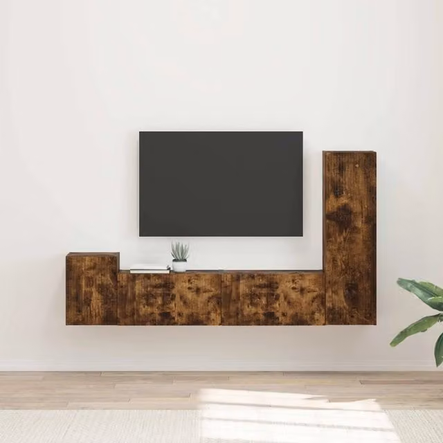 Set mobile TV 4 pz-Credenza per TV Rovere fum¨¦ Legno multistrato 220316