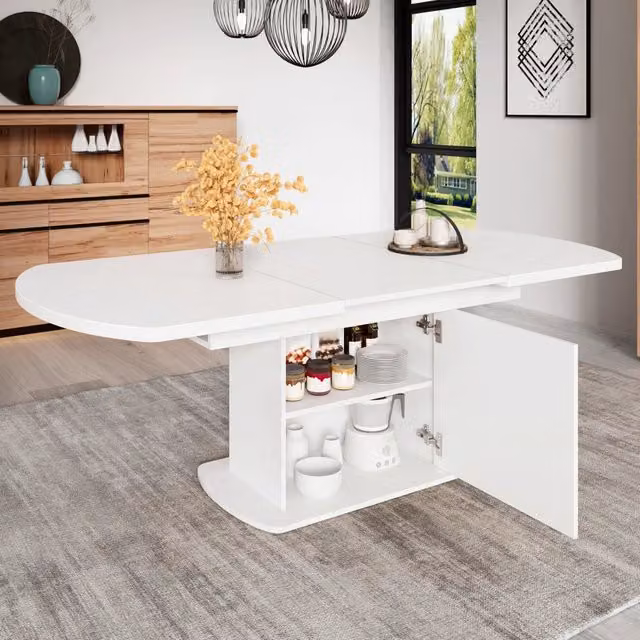Tavolo da pranzo rettangolare allungabile REDOM bianco e argento in materiale composito e metallo