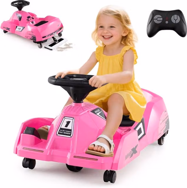 Go kart elettrico telecomandato con 3 velocità e mop staccabile, colore rosa