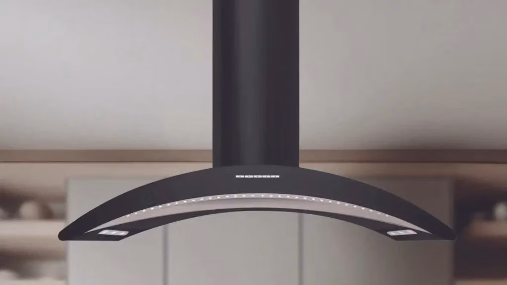 Cappa a isola Baraldi Arcadia Nera in vetro con aspirazione a ricircolo e carboni attivi, L: 90 cm, P: 60 cm, portata 800 m3/h – 2