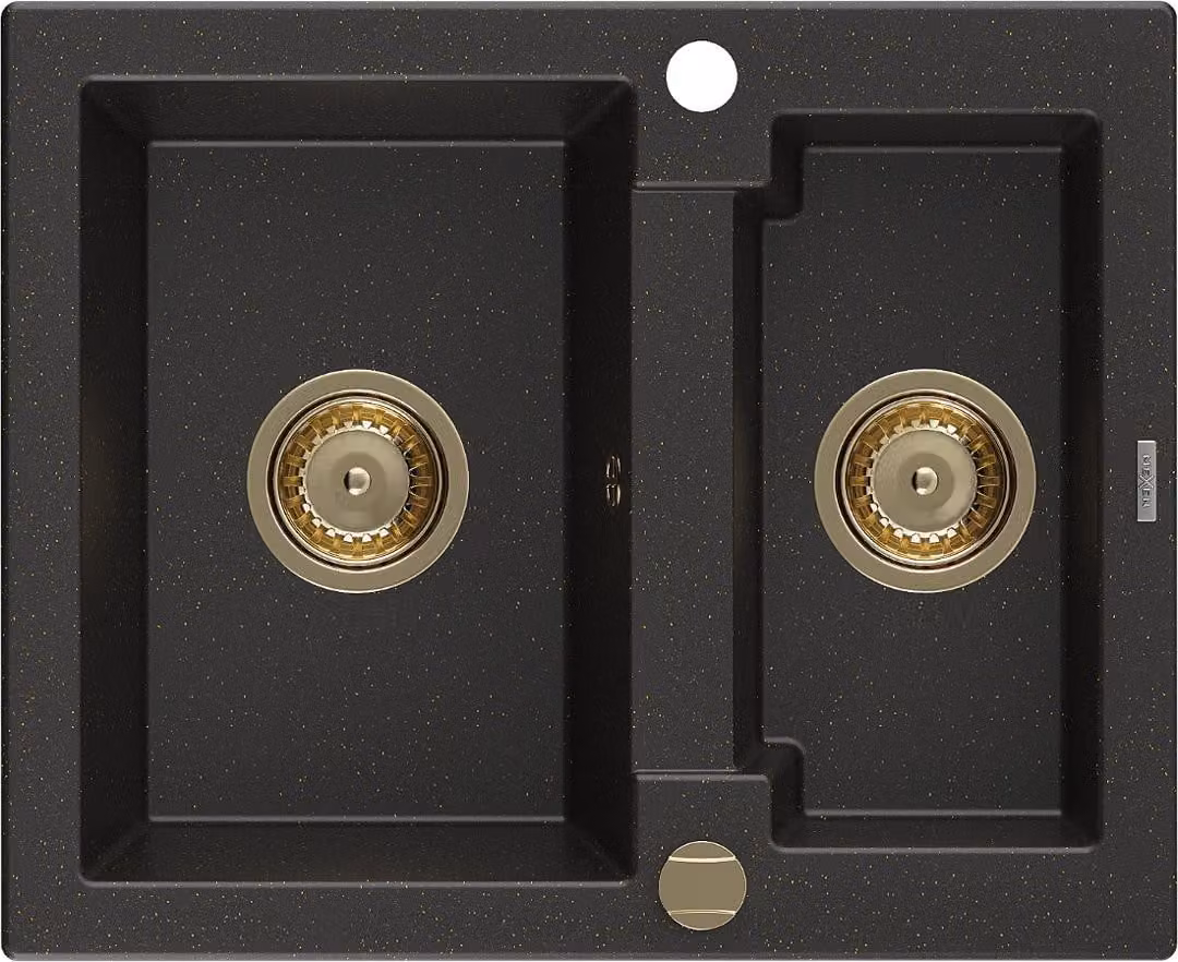 Mexen Carlos lavello in granito a 1,5 vasche 582 x 475 mm, nero/oro metallizzato, sifone oro - 6518581500-75-G