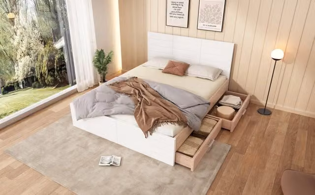 Letto in legno 140x200 cm bianco e rovere chiaro con 2 cassetti estraibili e doghe, senza materasso