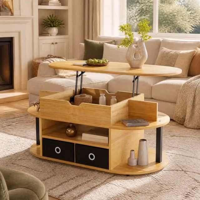 Tavolino da salotto ULEVR 105x50 cm con piano sollevabile, 2 cassetti in tessuto e vano contenitore, legno e nero