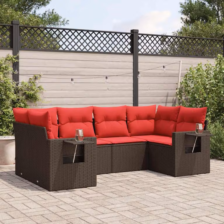 Set di divani da giardino vidaXL a forma di L composto da 6 pezzi con cuscini, struttura in metallo e rattan, colore marrone e rosso