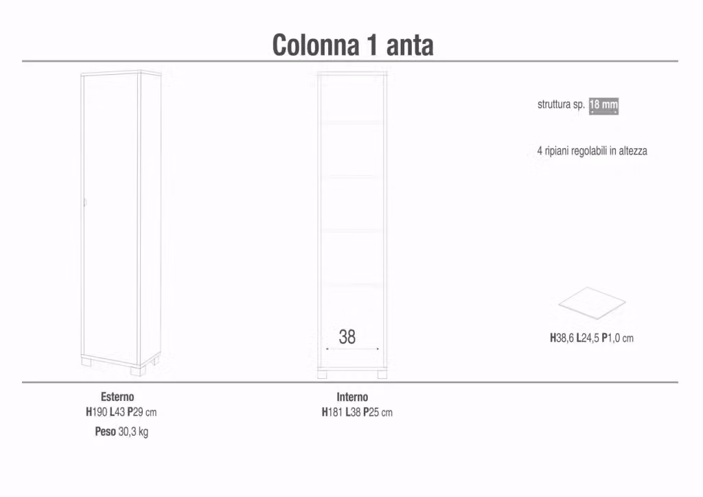 Mobile colonna portaoggetti SARMOG con 1 anta, colore Olmo chiaro, L/P/H: 43 x 29 x 190 cm – 2